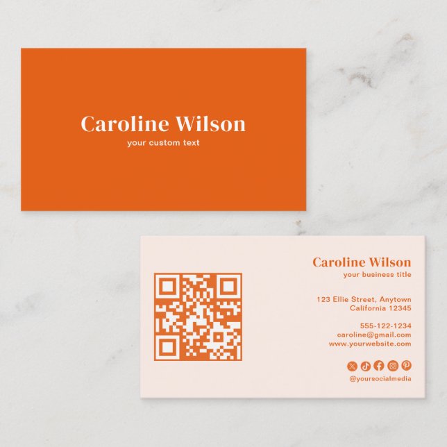 Carte De Visite Moderne Gras Minimal Orange QR Code Médias sociaux (Devant / Derrière)