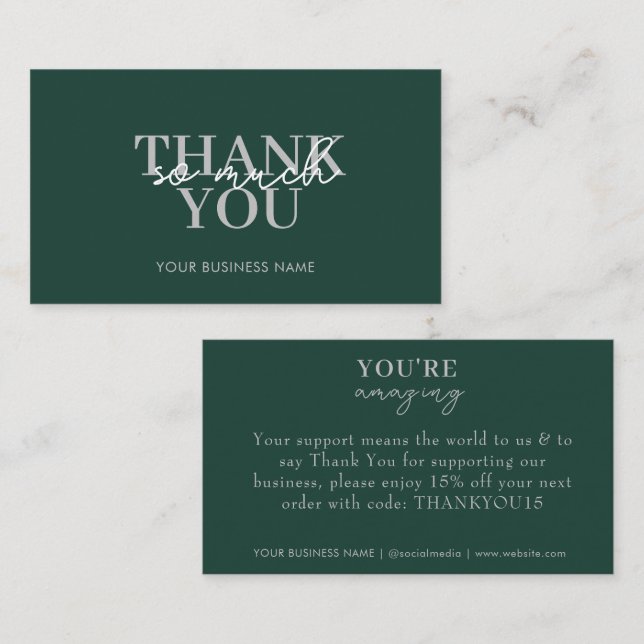 Carte De Visite Moderne Green Business Élégant Merci (Devant / Derrière)