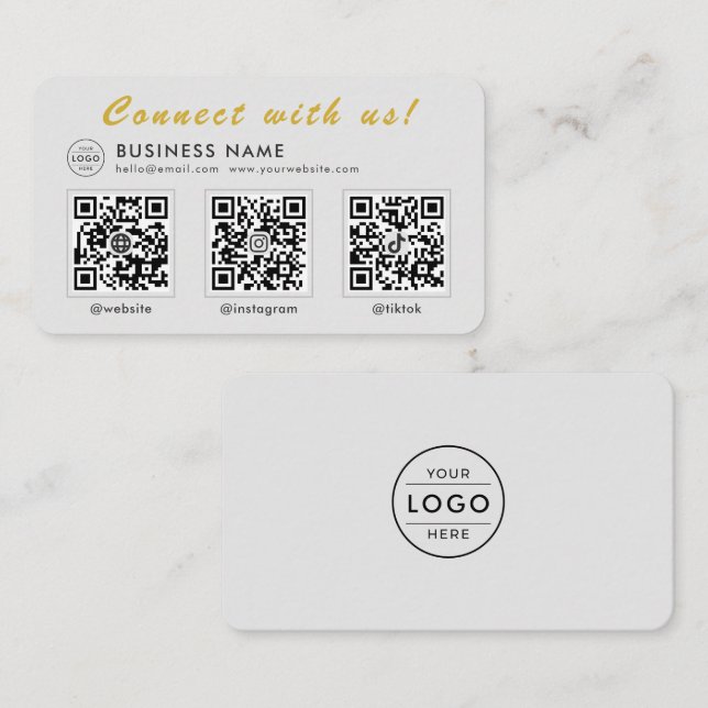 Carte De Visite Moderne Gris Or 3 Code QR Multi Réseaux Sociaux (Devant / Derrière)