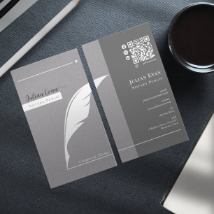 Carte De Visite Moderne Gris plumes stylo nib Logo Notaire Public