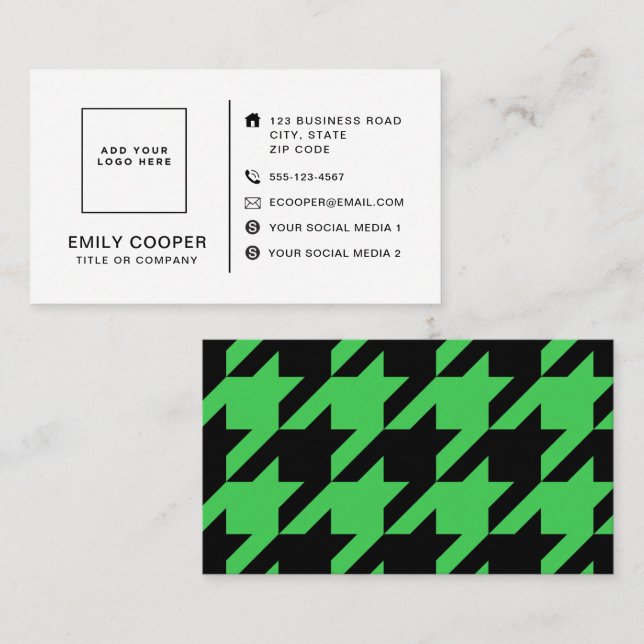 Carte De Visite Moderne Houndstooth Ajouter logo noir et vert (Devant / Derrière)