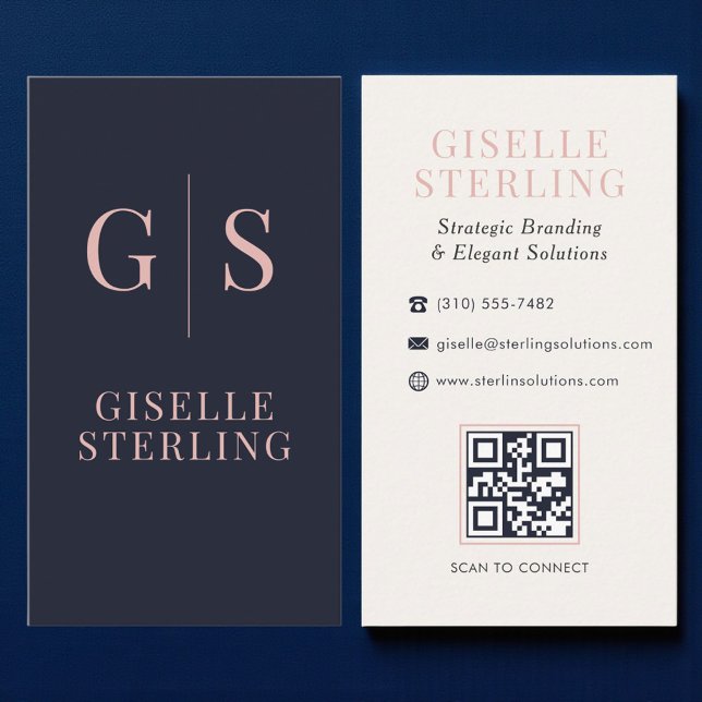 Carte de visite moderne luxe Navy et rose QR Code (Créateur téléchargé)