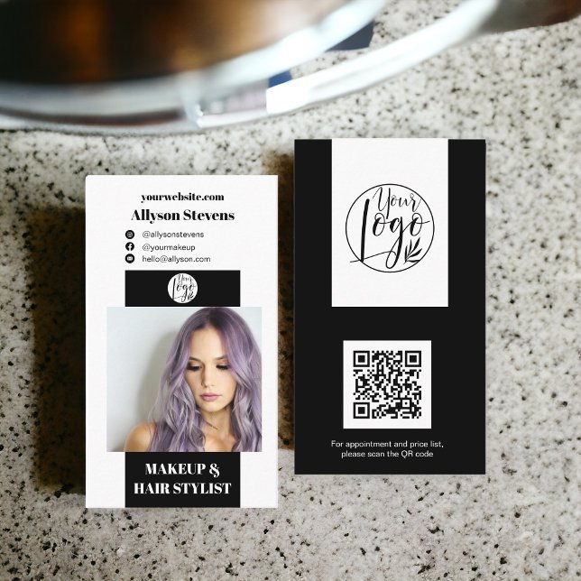 Carte De Visite Moderne maquillage noir blanc cheveux photo qr cod (Modern black white makeup hair photo qr code logo business card)