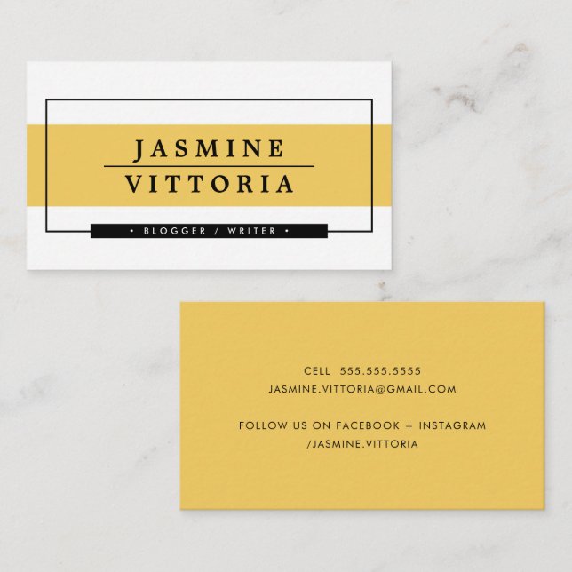 Carte De Visite MODERNE MINIMAL simple bordure jaune bande noire (Devant / Derrière)
