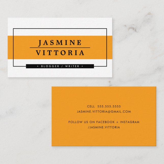 Carte De Visite MODERNE MINIMAL simple bordure orange bande noire (Devant / Derrière)