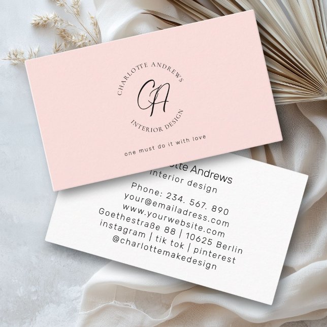 Carte De Visite Moderne, minimaliste, monogramme, logo, cercle, bl (Modern, minimalist, monogram, logo, circle, blush business card)