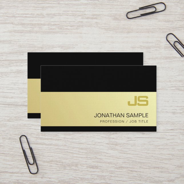 Carte De Visite Moderne Monogramme Chic Black Gold Plain Luxe (Devant/Arrière en situation)