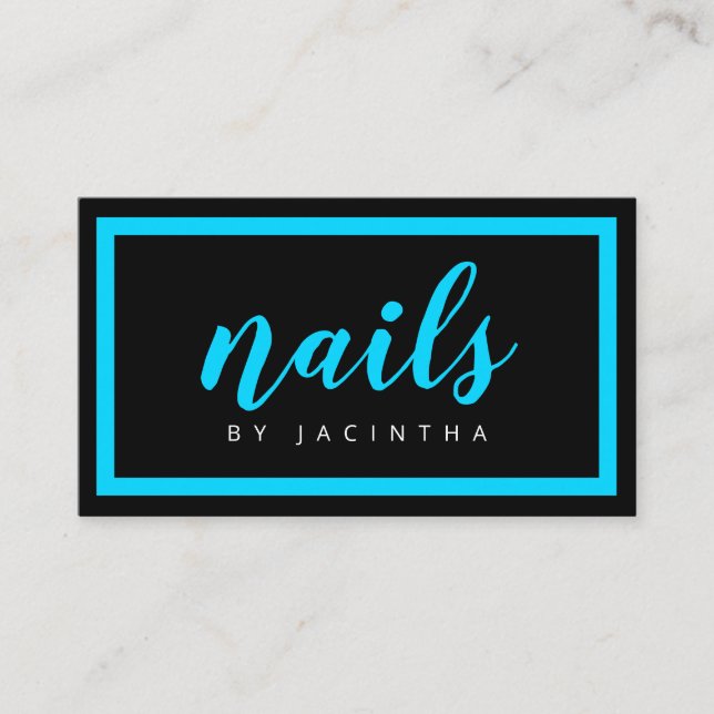Carte De Visite Moderne Neon Blue Black Nail Technicien Salon Chic (Devant)