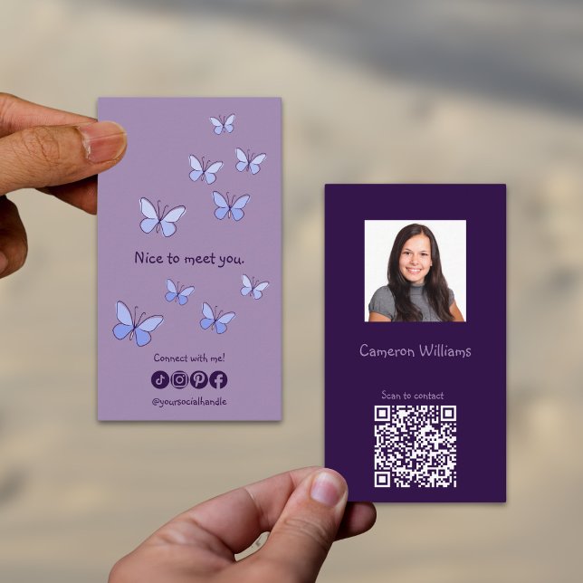 Carte De Visite Moderne Nice de vous rencontrer violet QR Code soc (Modern Nice To Meet You Purple QR Code Social Business Card)