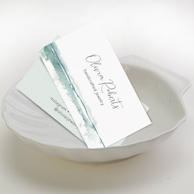 Carte De Visite Moderne Petite Écriture Aquarelle Verte (Modern Watercolor Stripe Script Small Business Card)