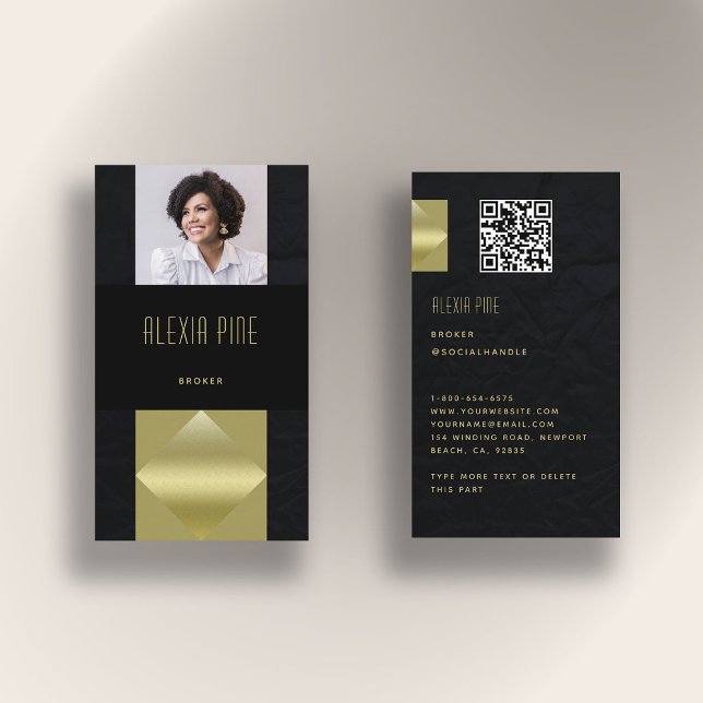 Carte De Visite Moderne professionnel élégant Noir Photo Code QR (real estate photo business card black gold elegant qr code modern professional broker agent minimal)