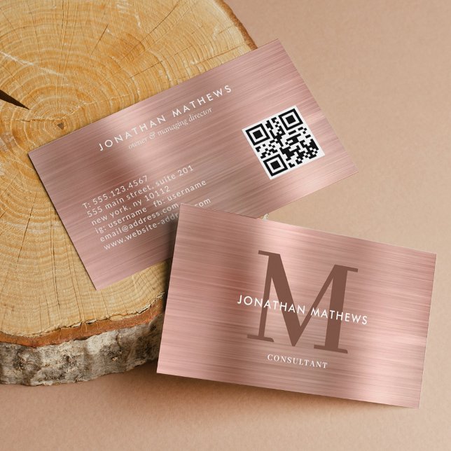 Carte De Visite Moderne QR Code brossé Rose métal brossé Monogramm (Créateur téléchargé)