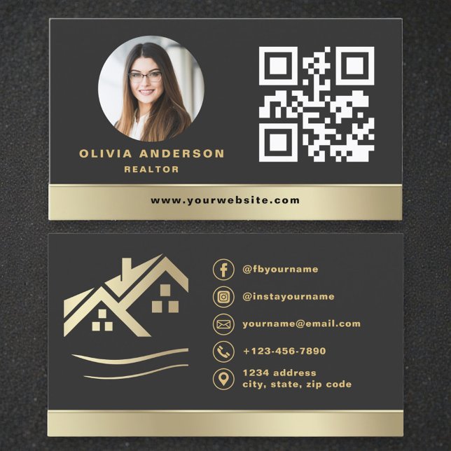 Carte de visite moderne QR Code Gold House Immobil (Créateur téléchargé)