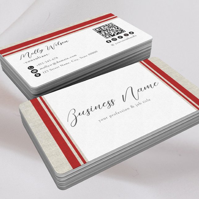 Carte De Visite Moderne Rétro Faux Linen QR Code Médias sociaux (Créateur téléchargé)