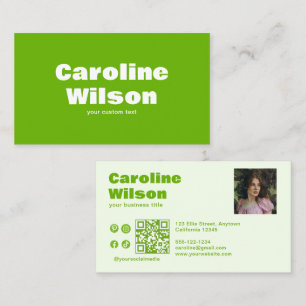 Carte De Visite Moderne Retro Lime Green Photo professionnelle QR 