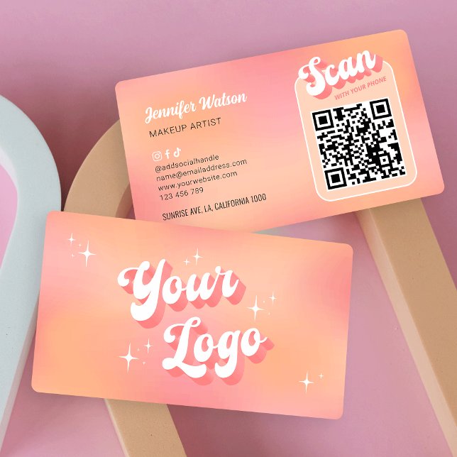 Carte De Visite Moderne Retro Peach Maquillage Lashes Salon QR Cod (Retro QR code business cards with space for your logo, scannable URL code and your contact details)
