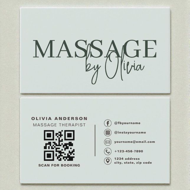 Carte De Visite Moderne Sage Green Massage Therapist QR Code (Créateur téléchargé)