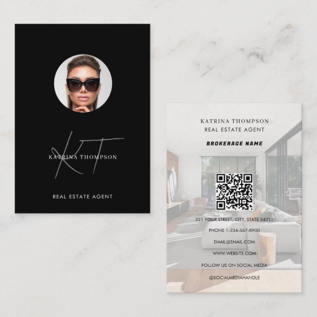 Carte De Visite Moderne Script Real Estate Photo Realtor QR Code (Devant / Derrière)