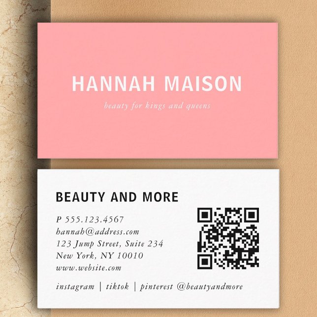 Carte De Visite Moderne, simple, professionnel, salon, rose, (Modern, simpel, professional, salon, pink, bold font, qr-code business card)