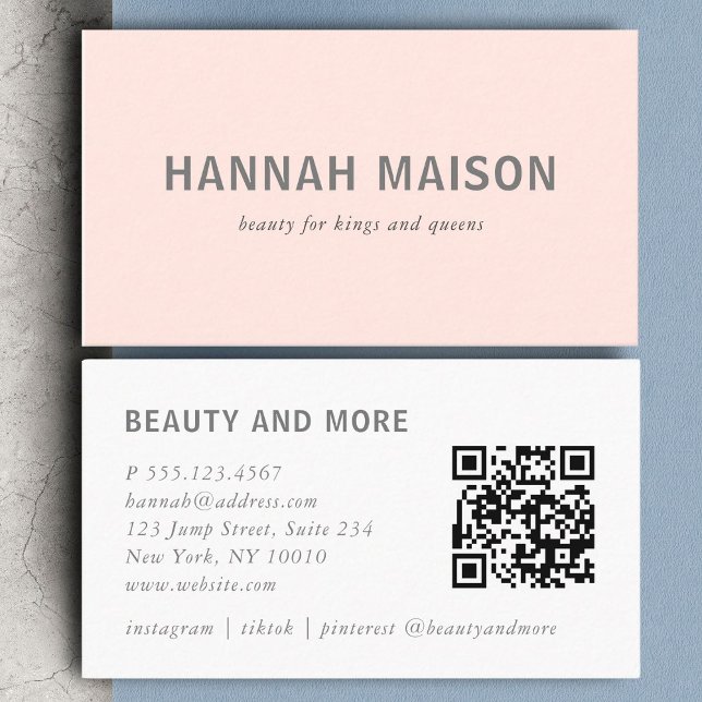 Carte De Visite Moderne, simple, professionnel, salon, rose clair, (Modern, simpel, professional, salon, light-pink, bold font, qr-code business card)
