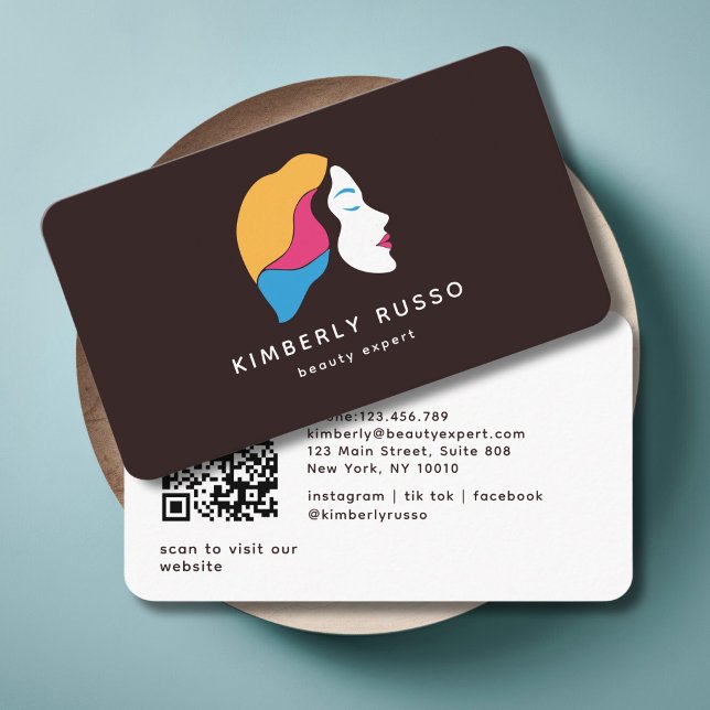 Carte De Visite Moderne, tendance, Code QR, Salon, Femme-Logo (Modern, Trendy, QR Code, Salon, Women-Logo, colorful Business Card)