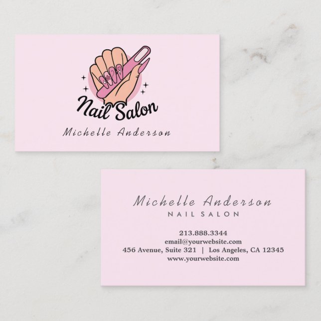 Carte De Visite Moderne tendance Nails Salon Nail Technicien Pink  (Devant / Derrière)