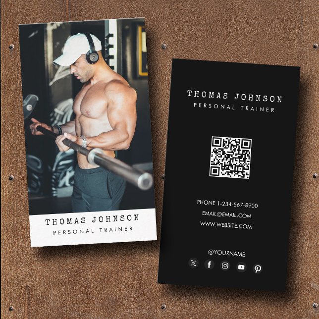 Carte De Visite Moderne tendance Personal Trainer Fitness Photo No (Modern Trendy Personal Trainer Fitness Photo Black Business Card)