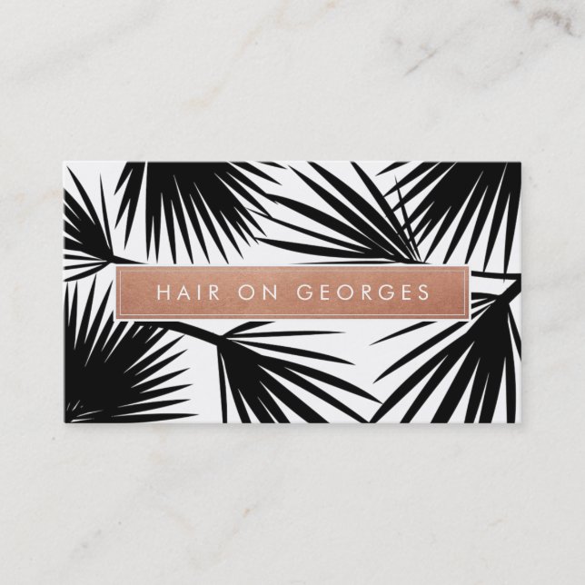 Carte De Visite MODERNE TROPICAL PALM LEAF logo tendance or rose (Devant)
