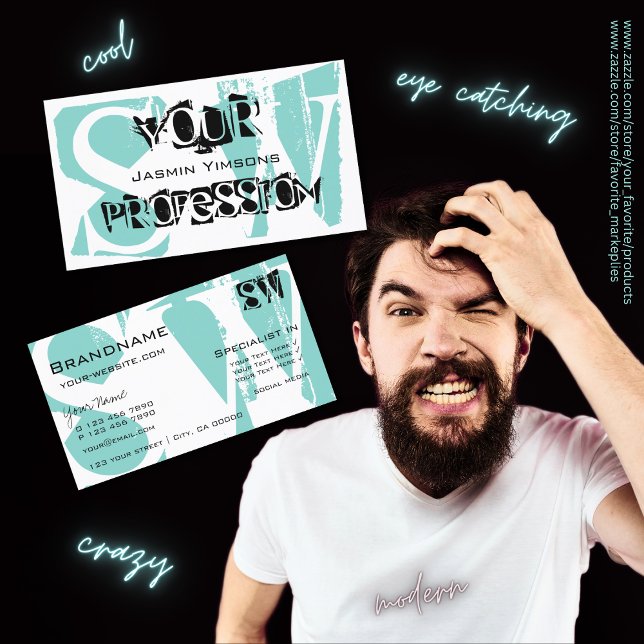 Carte De Visite Moderne Turquoise blanc et noir avec initiales (Créateur téléchargé)