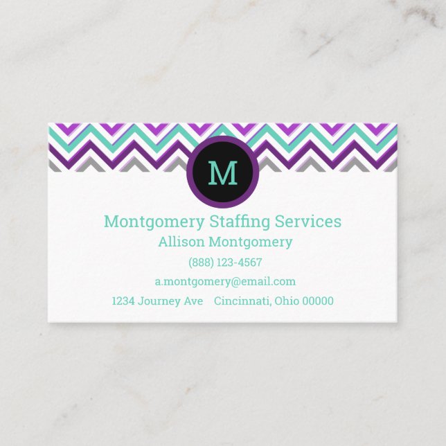 Carte De Visite Moderne violet, rose, gris et Turquoise. Chevron (Devant)