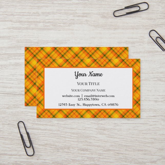 Carte de visite modifiable à motif carreaux jaune  (Devant/Arrière en situation)