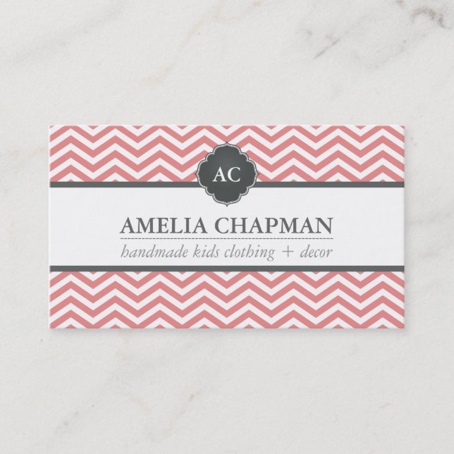 Carte De Visite MONOGRAM chevron moderne motif corail rose gris (Devant)