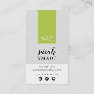 Carte De Visite MONOGRAM INITIALS, onglet chaux vert moderne gris