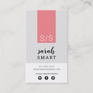 Carte De Visite MONOGRAM INITIALS, onglet corail noir moderne gris