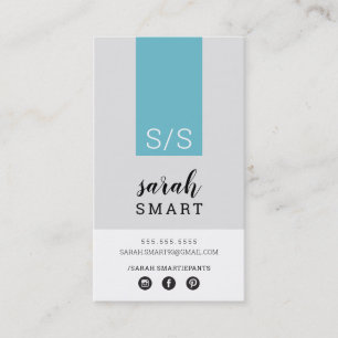 Carte De Visite MONOGRAM INITIALS, onglet gris bleu turquoise mode