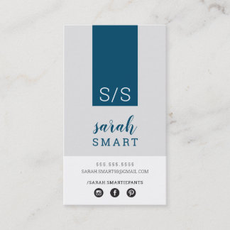 Carte De Visite MONOGRAM INITIALS, onglet marine moderne gris blan