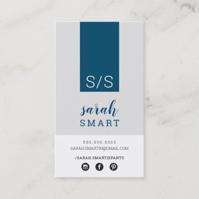 Carte De Visite MONOGRAM INITIALS, onglet marine moderne gris blan (Devant)