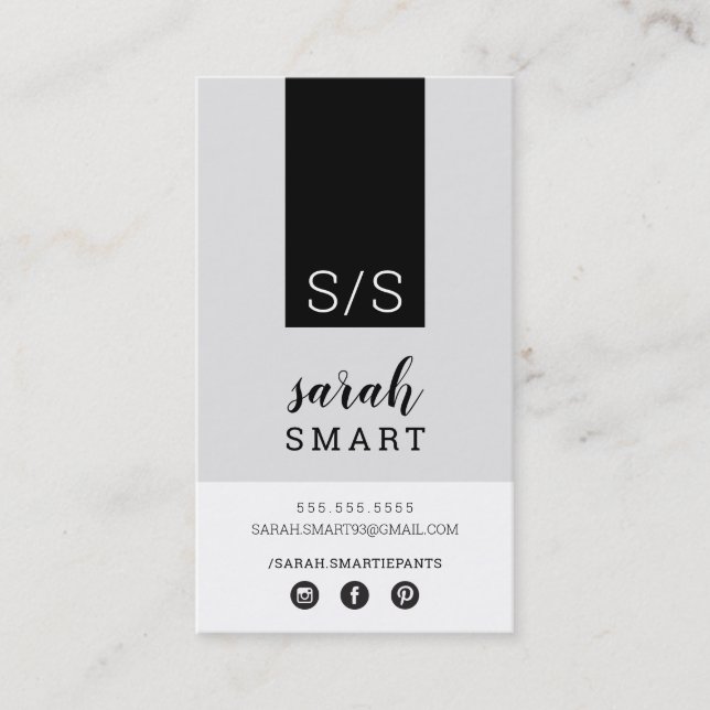 Carte De Visite MONOGRAM INITIALS, onglet moderne blanc noir gris (Devant)
