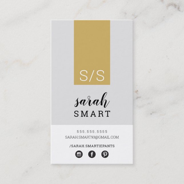 Carte De Visite MONOGRAM INITIALS, onglet moderne noir vieil or gr (Devant)