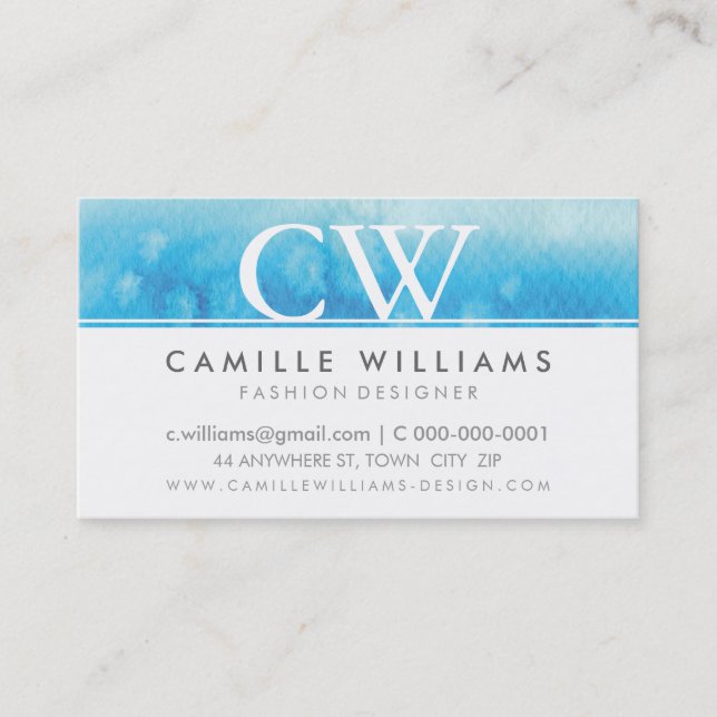 Carte De Visite MONOGRAM LOGO whimsical ombre aquarelle aqua bleu (Devant)