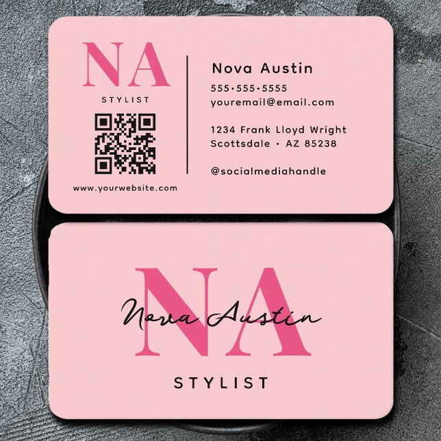 Carte De Visite Monogram Luxe Tendance esthétique Hot Pink QR Code (Créateur téléchargé)