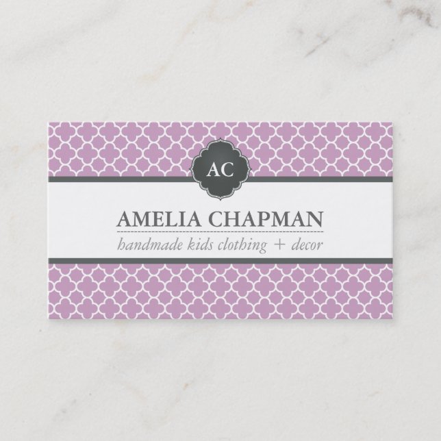 Carte De Visite MONOGRAM moderne morrocan motif lilas violet gris (Devant)