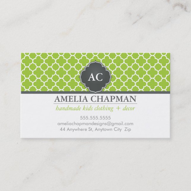 Carte De Visite MONOGRAM morrocan carrelage motif citron vert gris (Devant)