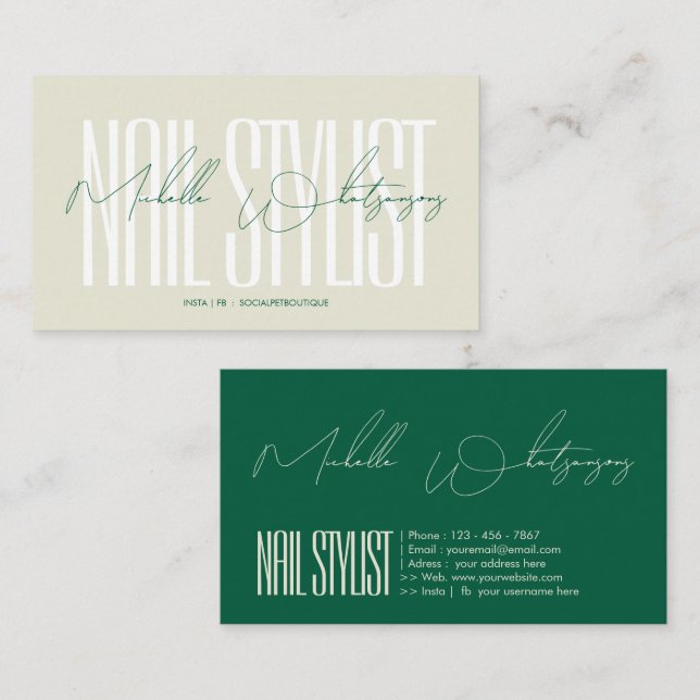 Carte De Visite Monogram NAIL STYLIST écriture moderne (Devant / Derrière)