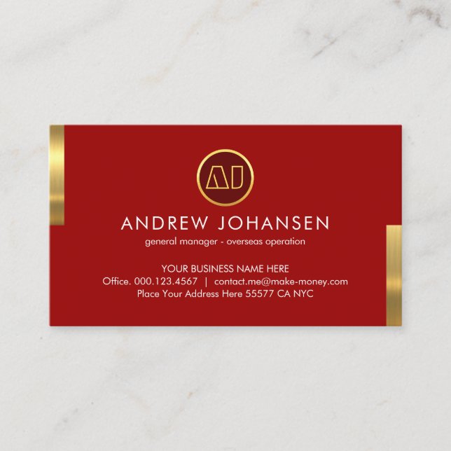 Carte De Visite Monogram Name On Stunning Red Gold Tabs (Devant)