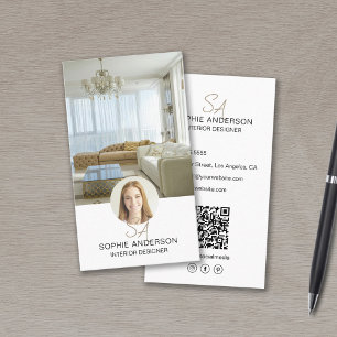 Carte De Visite Monogram Photo QR Intérieur Blanc Designer