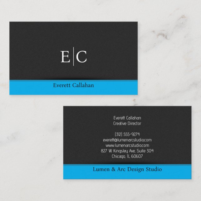 Carte De Visite Monogramme à accent bleu avec bruit gris minimal f (Devant / Derrière)