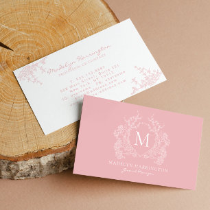 Carte De Visite Monogramme à crête florale rose blush moderne