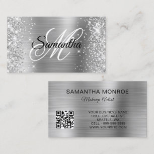 Carte De Visite Monogramme à huile d'argent Glitter Code QR