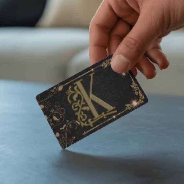Carte De Visite Monogramme à lettre dorée à paillettes noires (Créateur téléchargé)